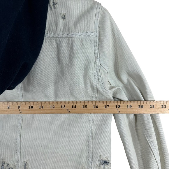 Free People Women's Denim JeanJacket Hooded Distressed Terry‎ Lined Size S - Picture 8 of 12